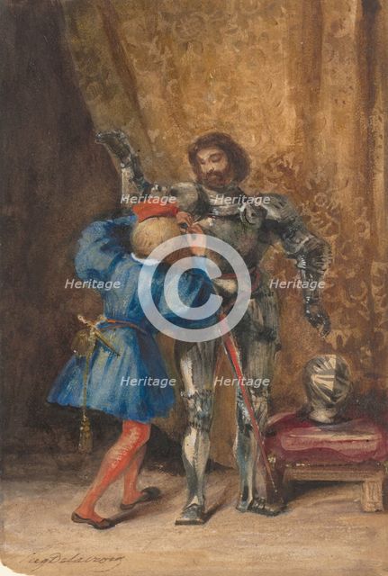 Goetz von Berlichingen Being Dressed in Armor by His Page George, 1826-27. Creator: Eugene Delacroix.