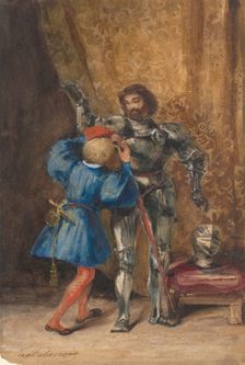 Goetz von Berlichingen Being Dressed in Armor by His Page George, 1826-27. Creator: Eugene Delacroix