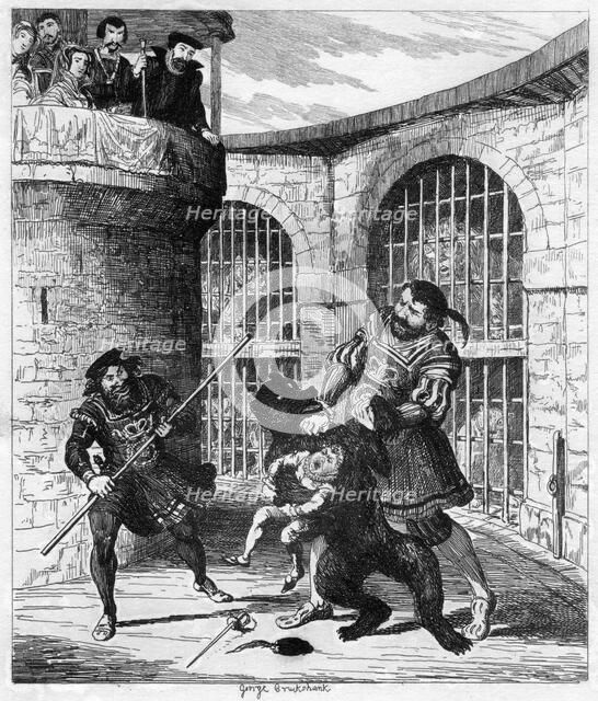 Gog extricating Xit from the bear in the Lions' Tower, 1840. Artist: George Cruikshank