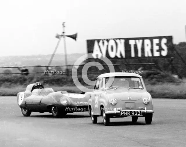 Goggomobil microcar competing in a 6 hour relay race at Silverstone, Northamptonshire, 1957. Creator: Unknown.