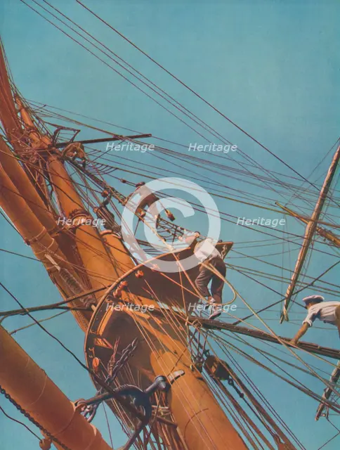 'Going aloft on board the Archibald Russell,  square-riggers under Finnish flag', 1937. Artist: Unknown.