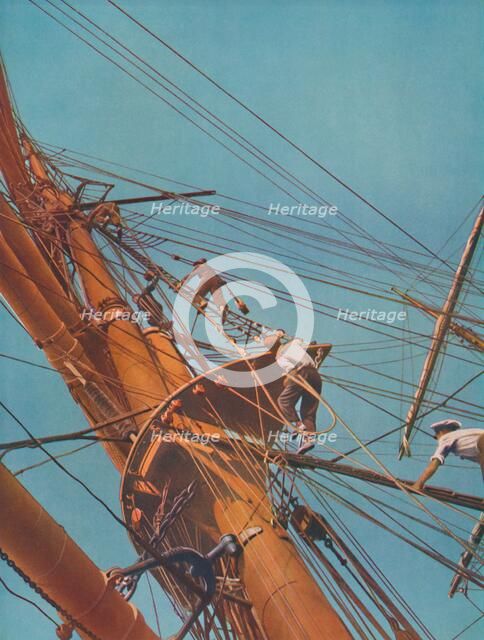 'Going aloft on board the Archibald Russell,  square-riggers under Finnish flag', 1937. Artist: Unknown.