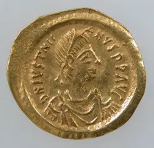 Gold Tremissis of Emperor Justinian I, Byzantine, 527-602. Creator: Unknown