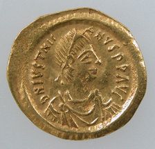 Gold Tremissis of Emperor Justinian I, Byzantine, 527-602. Creator: Unknown