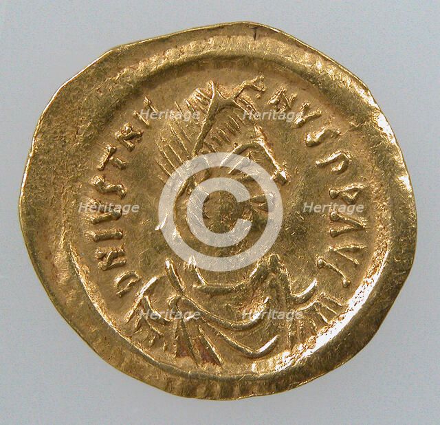 Gold Tremissis of Emperor Justinian I, Byzantine, 527-602. Creator: Unknown.