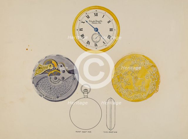 Gold Watch with Frame and Case, c. 1936. Creator: Harry G Aberdeen.