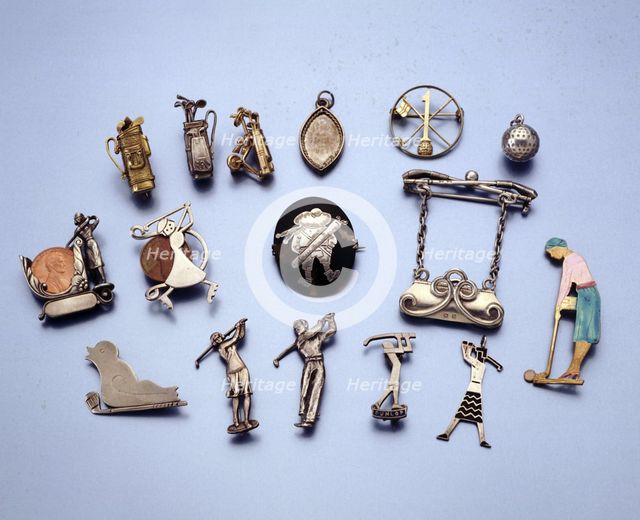 Gold and silver jewellery with a golfing theme, 1910-1938. Creator: Unknown.