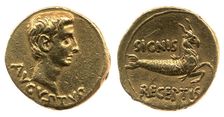 Gold coin of Augustus (Octavian). Head of Augustus (obverse), Capricorn (reverse) , 19 BC-18 BC. Creator: Numismatic, Ancient Coins