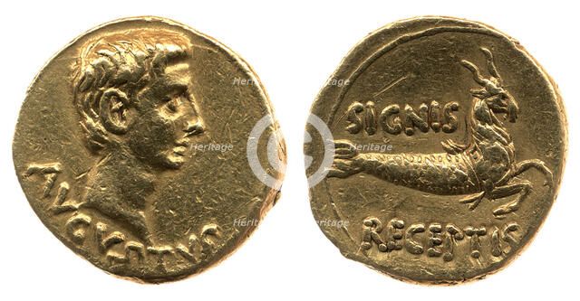 Gold coin of Augustus (Octavian). Head of Augustus (obverse), Capricorn (reverse) , 19 BC-18 BC. Creator: Numismatic, Ancient Coins  .