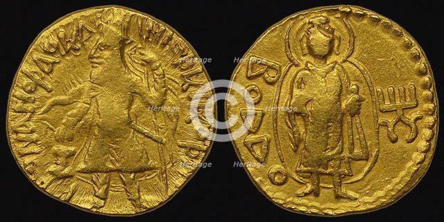 Gold Coin, Kushan. Obverse: Kanishka I. Reverse: in Bactrian script Buddha (boddo). Artist: Numismatic, Ancient Coins 