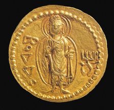 Gold Coin, Kushan. Reverse: in Bactrian script Buddha (boddo), 127-150. Creator: Numismatic, Ancient Coins