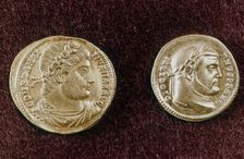 Gold coins showing heads of Roman Emperors Constantine the Great and Diocletian, 4th century