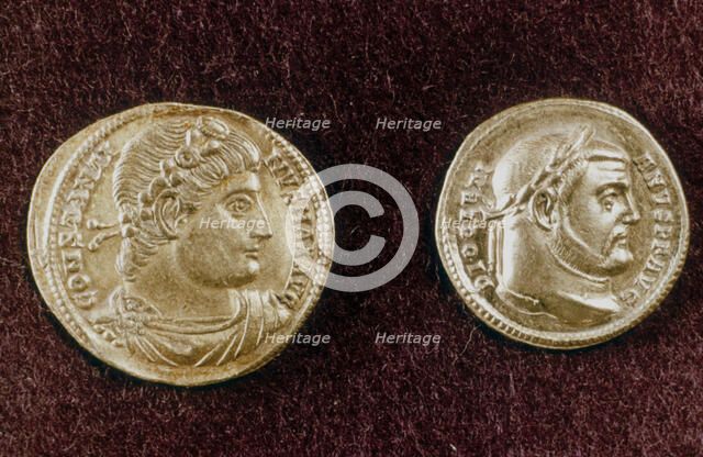 Gold coins showing heads of Roman Emperors Constantine the Great and Diocletian, 4th century. Artist: Unknown