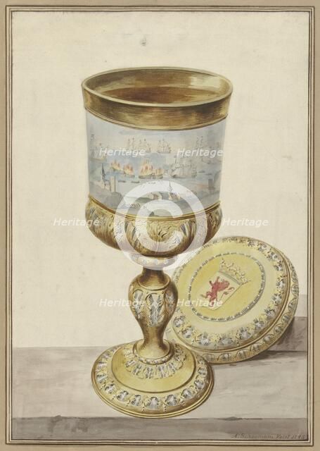 Gold cup with lid, given to Cornelis de Witt on the occasion of the journey to Chatham, 1667, 1748. Creator: Aert Schouman.