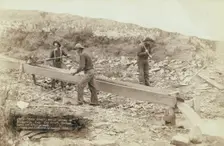Gold Dust Placer mining at Rockerville, Dak Old timers, Spriggs, Lamb and Dillon at work, 1889. Creator: John C. H. Grabill