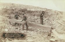 Gold Dust Placer mining at Rockerville, Dak Old timers, Spriggs, Lamb and Dillon at work, 1889. Creator: John C. H. Grabill