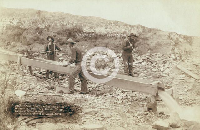 Gold Dust Placer mining at Rockerville, Dak Old timers, Spriggs, Lamb and Dillon at work, 1889. Creator: John C. H. Grabill.