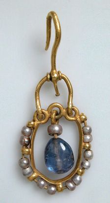 Gold Earring with Pearls and Sapphires, Byzantine, 6th-7th century. Creator: Unknown