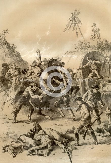 Gold escort attacked by bushrangers, Australia, 1879. Artist: McFarlane and Erskine