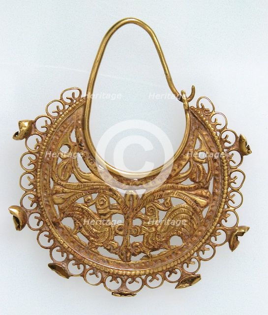 Gold Half Moon-Shaped Earring with Peacocks, Byzantine, late 6th-7th century. Creator: Unknown.
