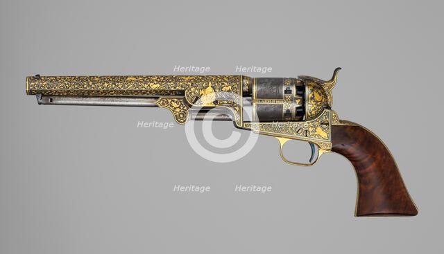Gold-inlaid Colt Model 1851 Navy Revolver (serial no. 20133), with Case and Accessories, ca. 1853. Creator: Samuel Colt.