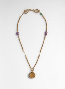 Gold Necklace with Gold Cross, Two Amethysts, and an Emerald Plasma, Byzantine, 6th-7th century. Creator: Unknown
