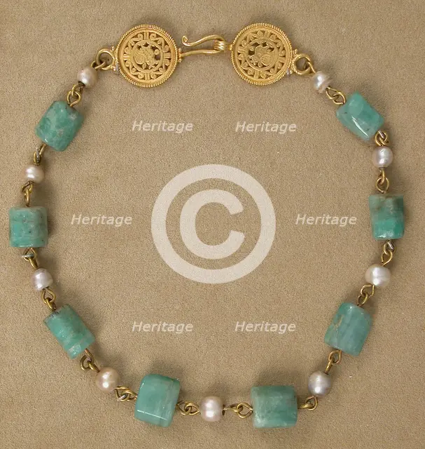 Gold Necklace with Pearls and Stones of Emerald Plasma, Byzantine, 6th-7th century. Creator: Unknown.