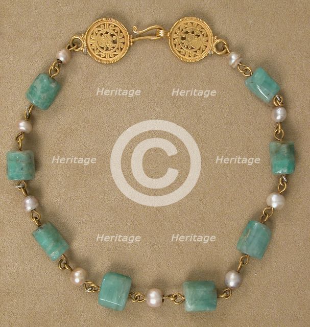 Gold Necklace with Pearls and Stones of Emerald Plasma, Byzantine, 6th-7th century. Creator: Unknown.