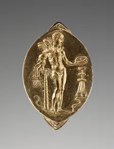 Gold Ring with Herakles Pouring a Libation, about 400 BC. Creator: Unknown
