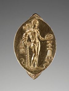 Gold Ring with Herakles Pouring a Libation, about 400 BC. Creator: Unknown