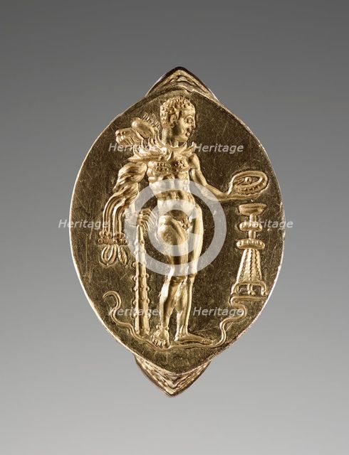 Gold Ring with Herakles Pouring a Libation, about 400 BC. Creator: Unknown.