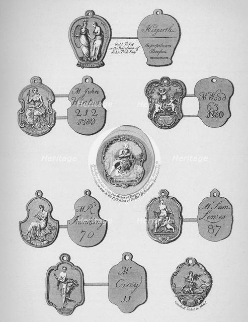 'Gold, silver, and lead tickets admitting to Vauxhall Gardens', c1740, (1912). Artist: James Stow.