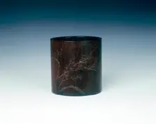 Golden fleece zitan brushpot with prunus tree and calligraphy, Qing dynasty, China, 1785. Creator: Unknown