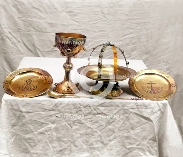 Golden vessels in the vestry of the Ipatievsky Monastery, Kostroma, 1911. Creator: Sergey Mikhaylovich Prokudin-Gorsky.