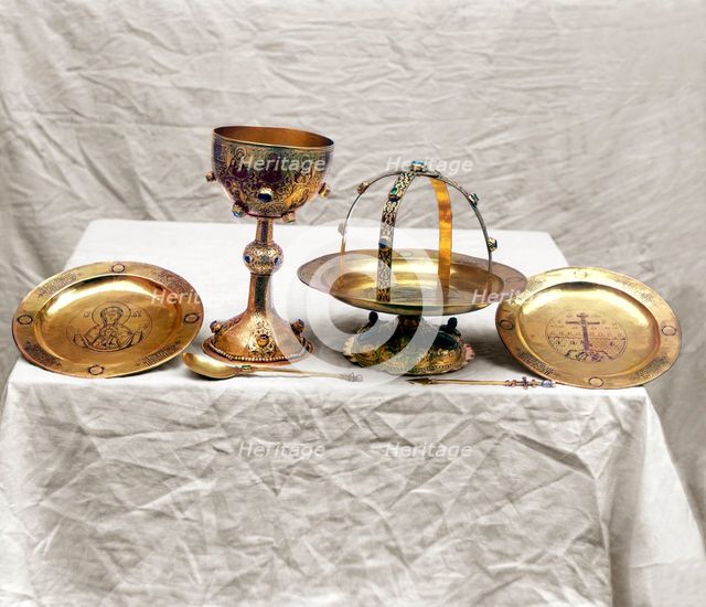 Golden vessels in the vestry of the Ipatievsky Monastery, Kostroma, 1911. Creator: Sergey Mikhaylovich Prokudin-Gorsky.