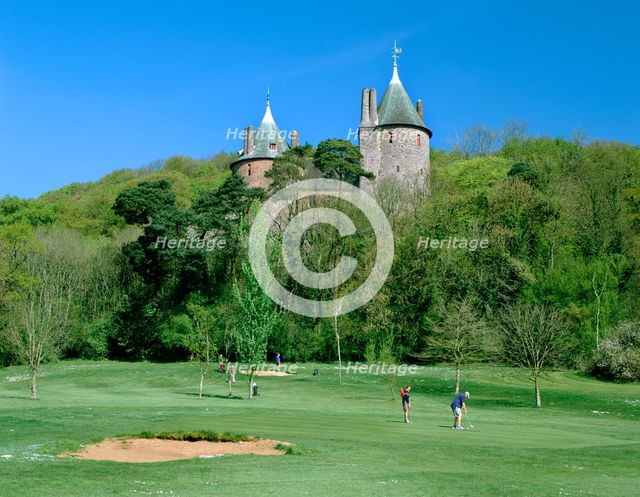 Golf course and Castell Coch, Tongwynlais, near Cardiff, Wales. Creator: Peter Thompson.