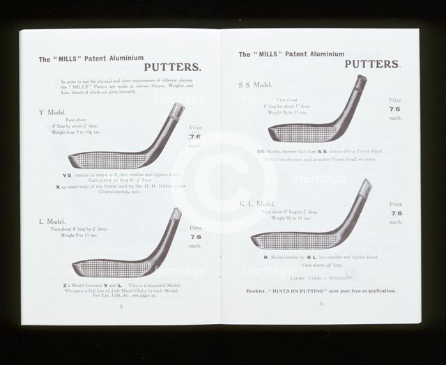 Golf putters from a catalogue. Creator: Unknown.