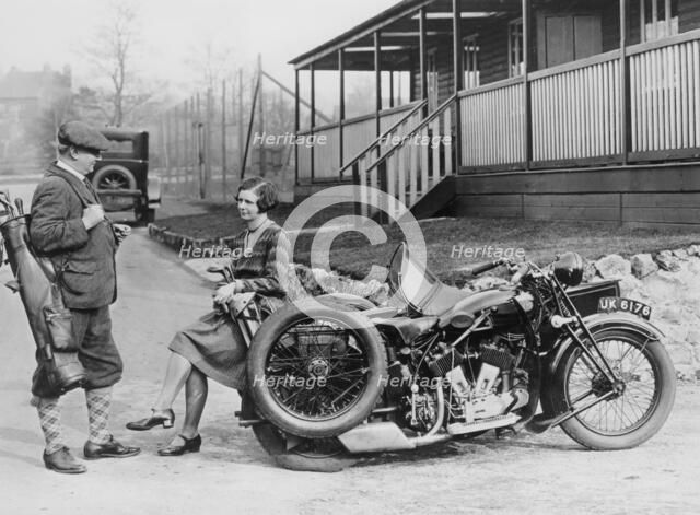 Golfers with a 1939 AJS and sidecar, (c1939?). Artist: Unknown