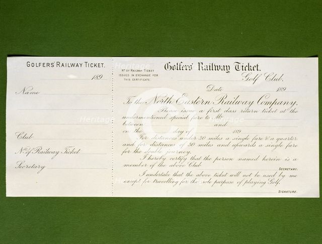 Golfers Railway Ticket, for North-Eastern Railway, Britain, c1890s. Creator: Unknown.