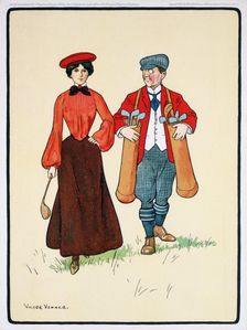 Golfing scene, woman walking with caddy, c1920s. Creator: Unknown