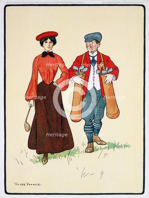 Golfing scene, woman walking with caddy, c1920s. Creator: Unknown.