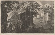 Gondolas on a River by a Palace, 1600/1615. Creators: Aegidius Sadeler II, Pieter Stevens