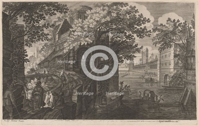 Gondolas on a River by a Palace, 1600/1615. Creators: Aegidius Sadeler II, Pieter Stevens.
