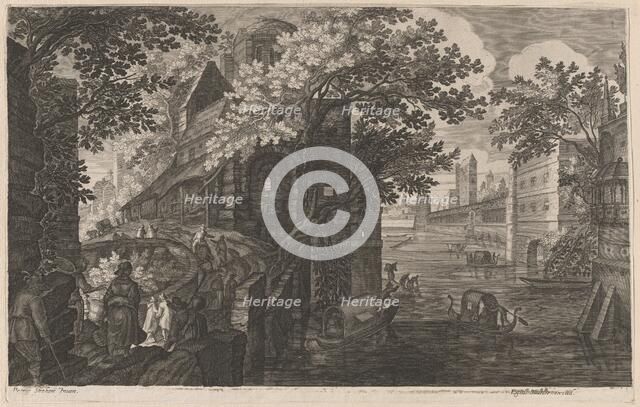 Gondolas on a River by a Palace, 1600/1615. Creators: Aegidius Sadeler II, Pieter Stevens.