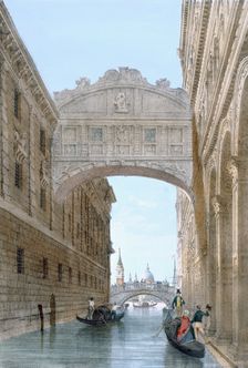Gondolas passing under the Bridge of Sighs, c1850. Creator: Giovanni Battista Cecchini (1804-79)