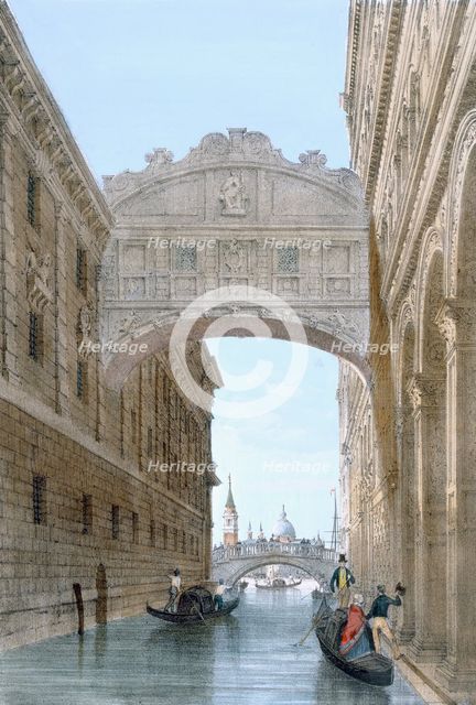 Gondolas passing under the Bridge of Sighs, c1850. Creator: Giovanni Battista Cecchini (1804-79).