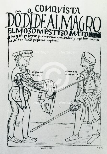 Gonzalo de Pizarro kills Diego de Almagro after defeating him in the battle of Salinas, illustrat…