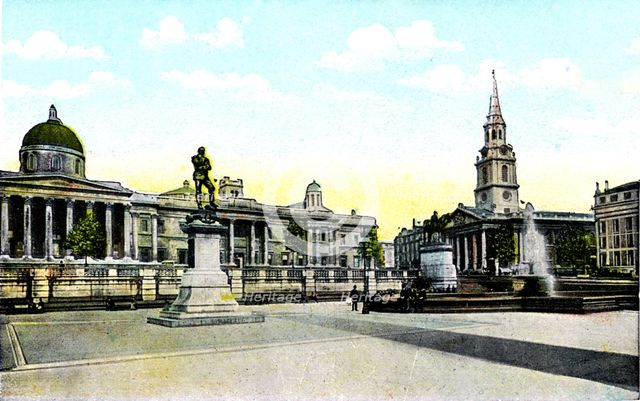 Gordon's Statue and National Gallery, Trafalgar Square, London, 20th Century. Artist: Unknown