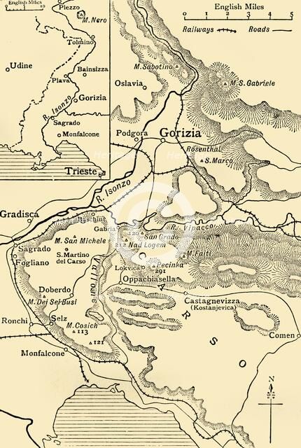 'Gorizia and the Carso: map illustrating the Italian advance towards Trieste in 1916', (c1920).  Creator: Unknown.