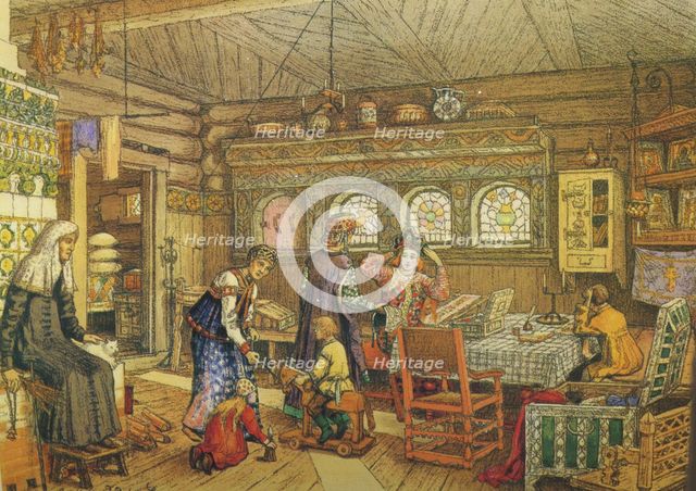 Gornitsa (living chamber) in an Old Russian House of the 16th-17th century.